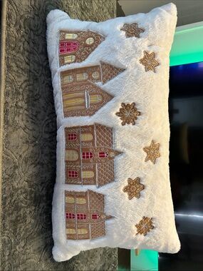 Holiday Embroidered Gingerbread House Decorative Throw Pillow - White and Gold